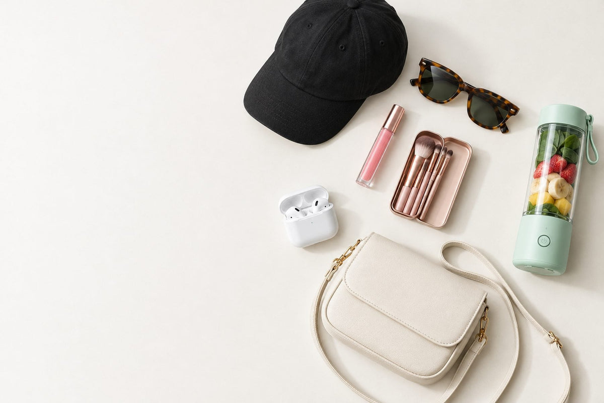 Cap, sunglasses, lip gloss, makeup brushes, earbuds, bag and portable blender on a light surface